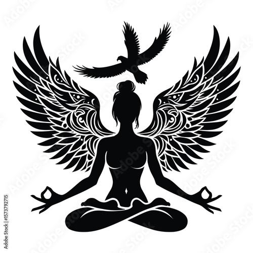 Eagle pose silhouette with wings and flying eagle