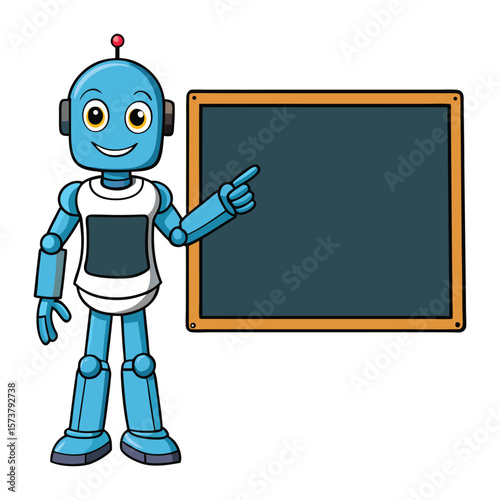Blue robot pointing at blank blackboard cartoon robot
