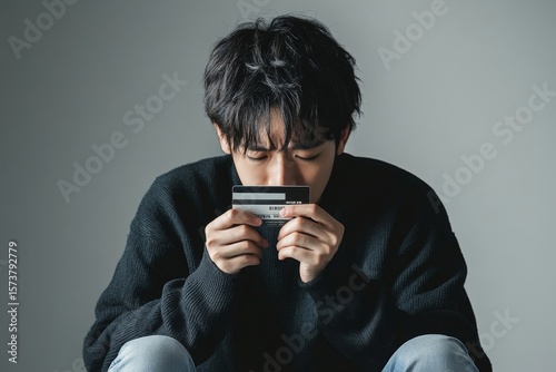 Stressed Asian man worried about credit debt, contemplating financial solutions to manage and eliminate debt, Generative AI