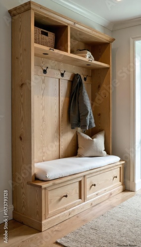 Cozy Built-In Hallway Bench Ample Storage & Natural Wood Design for Bedrooms, Entryways, and More