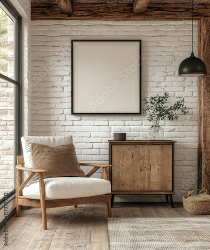 Wooden cabinet and poster on a white brick wall, contributing to the modern living room's interior design, Generative AI