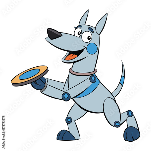Cartoon robot dog holding a frisbee playing