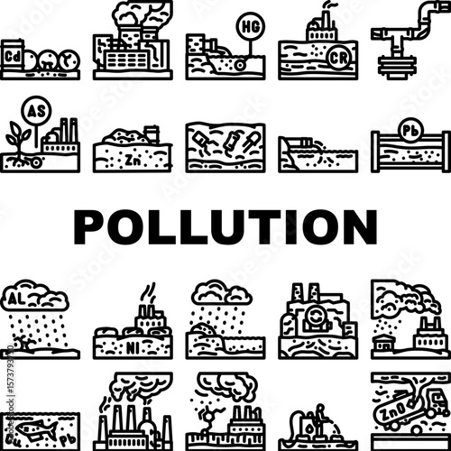 heavy metal pollution icons set vector