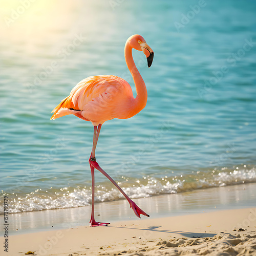 Pink Flamingo on Tropical Beach:  Stunning Bird Photography, Caribbean Wildlife, Exotic Nature Scene isolated on transparent background