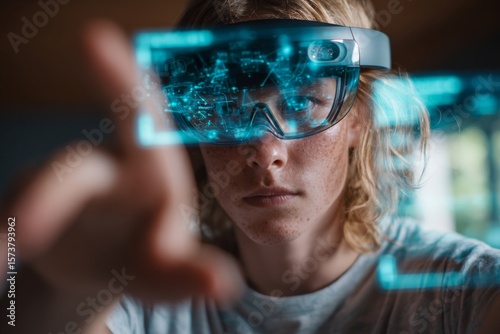 Gazing into Virtual Reality: A young person, fully engrossed in the immersive experience of virtual reality. This image represents future technology. 