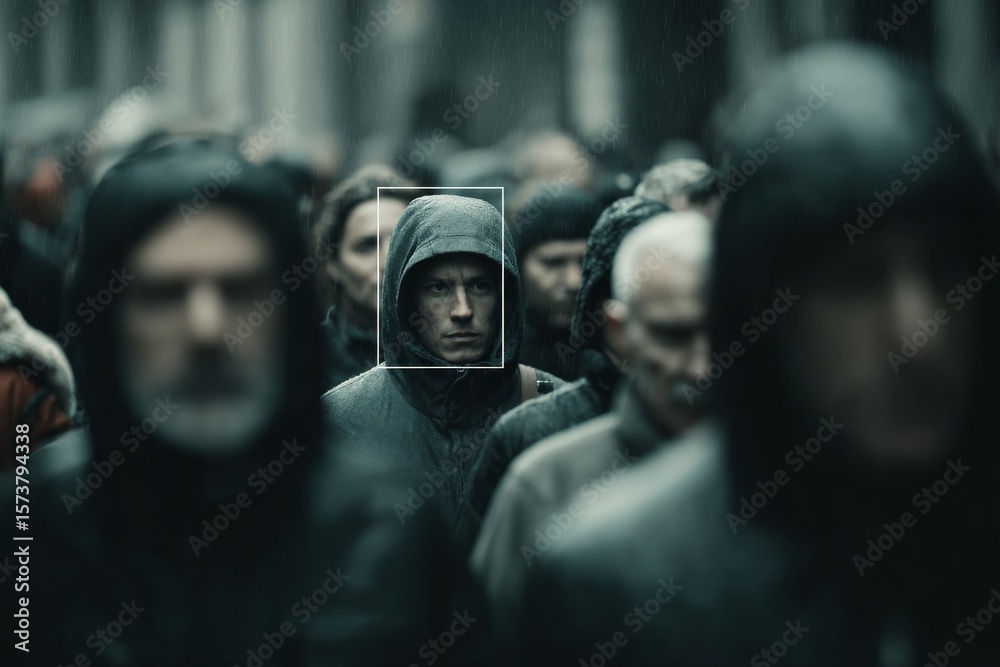 Fototapeta premium A solitary figure with their face highlighted, in a sea of subdued human faces, expressing themes of isolation, identity, and individuality within a crowd.