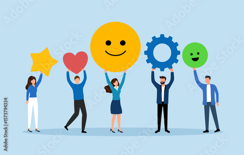 Employee satisfaction, workplace happiness or success team motivation, employee engagement or participation, feedback or company survey rating concept, business people employee with smile happy face.