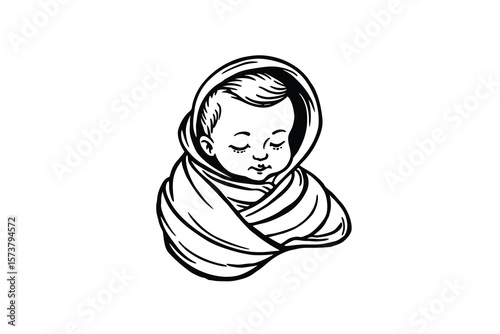 Sleeping Newborn Baby Wrapped in Blanket Detailed Line Art Silhouette
