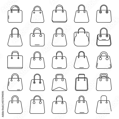 Collection of 25 minimal line shopping bag and handbag icons, perfect for e-commerce, retail, and fashion applications.