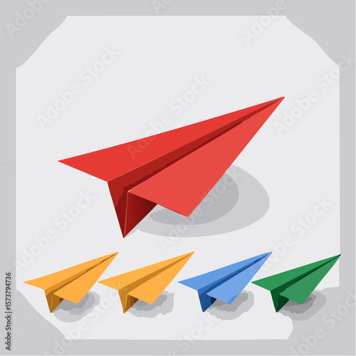 3D Origami paper airplane of different colours icon set. Send message or letter by email. Mail delivery. Social media communication.