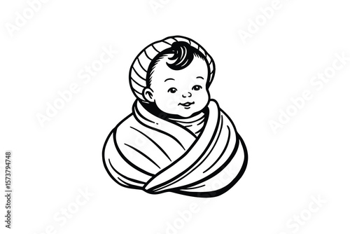 Adorable Baby Wrapped in Blanket Illustration with Detailed Silhouette Style silhouette