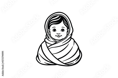 Adorable Baby Wrapped in Blanket Illustration in Black and White Silhouette