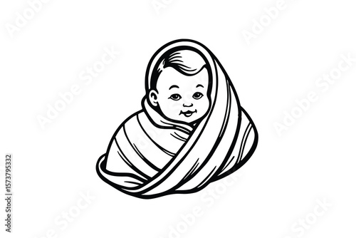 Adorable Newborn Baby Wrapped in Blanket Illustration in Black and White Silhouette