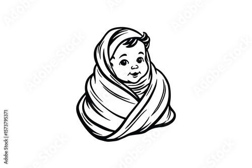 Adorable Baby Wrapped in Blanket Illustration in Black and White Silhouette