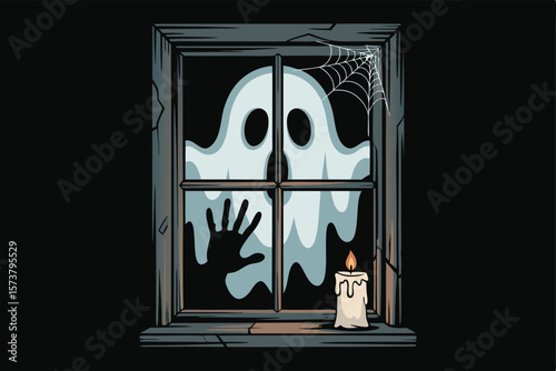 Cartoon Ghost in Window with Spiderweb, Hand Silhouette, and Lit Candle for Halloween