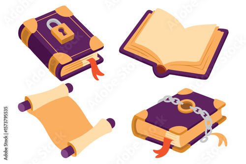 Cartoon Featuring Various Secured Books, Open Tome, and Rolled Manuscript on a White Background