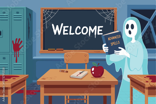 Cartoon Ghost Reading Advanced Spells Book in Spooky Classroom with Bloody Lockers and Desks