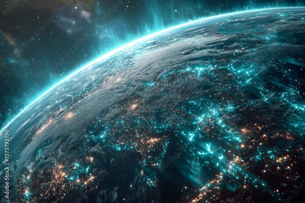 Obraz premium Earth's Night Lights: The vibrant tapestry of planet Earth unveils a stunning view, revealing its lights, atmospheric glow, stars, space, and the intricate beauty of our world.