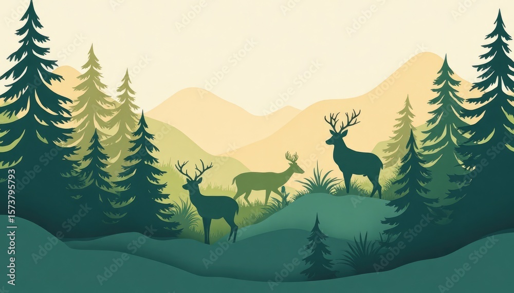 Obraz premium Silhouettes of deer in a lush forest landscape.