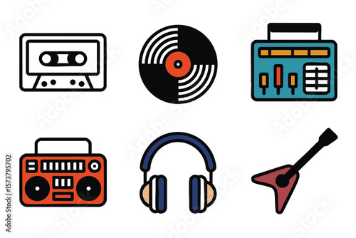 Retro Music Icons: Cassette Tape, Vinyl Record, Boombox, Headphones, Guitar, and Mixer