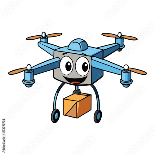 Cartoon drone carrying orange package quadcopter flying