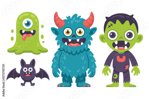 Cartoon Halloween Monsters Green Blob, Blue Furry Creature with Horns, Zombie and a Bat