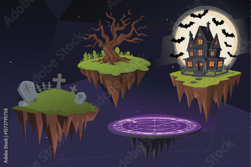 Cartoon Halloween Night with Haunted House, Cemetery, Tree, Bats on Floating Islands