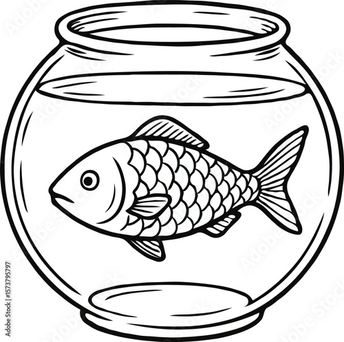 Single Fish in a Round Glass Bowl Line Art Illustration