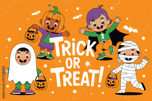 Cartoon Kids in Halloween Costumes Pumpkin, Vampire, Ghost, and Mummy for Trick or Treat!