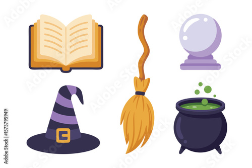 Cartoon Witchcraft Elements Spell Book, Broom, Crystal Ball, Striped Witch Hat, Bubbling Cauldron