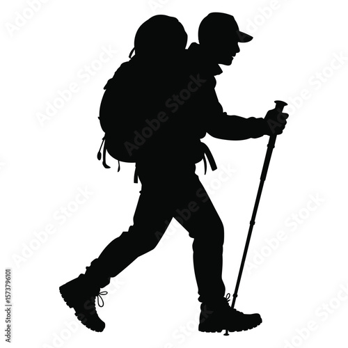 Man with backpack and trekking pole walking silhouette