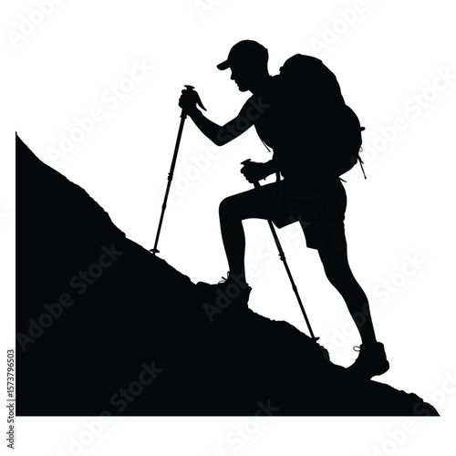 Man with backpack and poles climbing steep rocky terrain silhouette