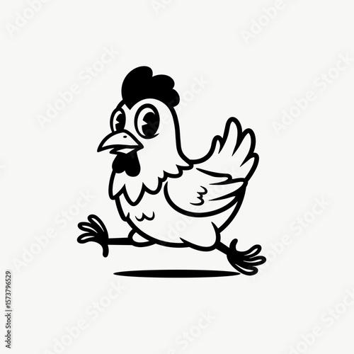 Cartoon-style chicken with flapping wings, large eyes, and an excited expression running forward.