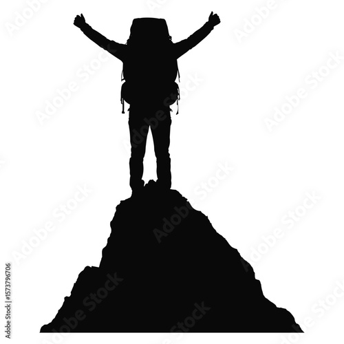 Hiker with backpack celebrating on mountain peak silhouette