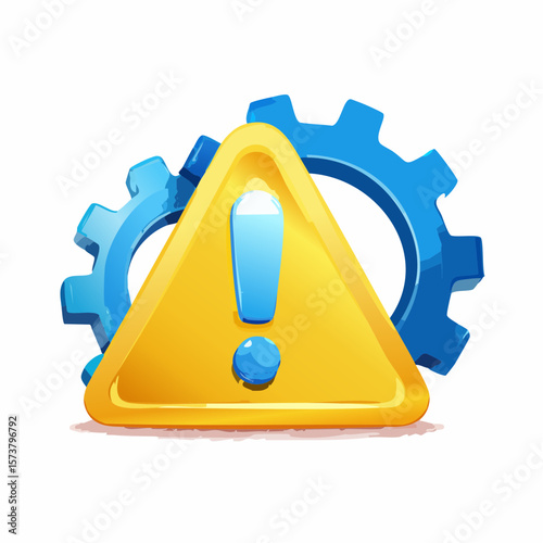 3D Attention sign with exclamation mark in triangle and gear. Technical problem. Computer system error. Process disruption. Cartoon design icon isolated on white background. 3D Vector illustration