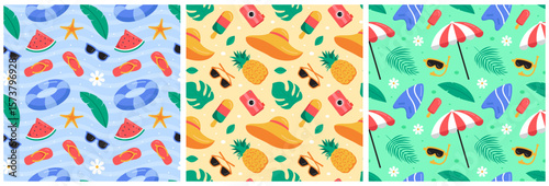 Tropical Summer Seamless Pattern with Beach Elements in a Flat Cartoon Style Illustration