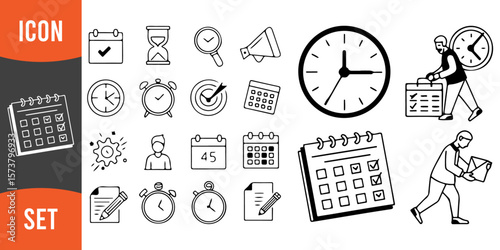Hand-Drawn Icon Set Representing Time Management, Planning, Tasks, and Scheduling with Calendars, Clocks, Hourglass, and People Working on Their Agenda