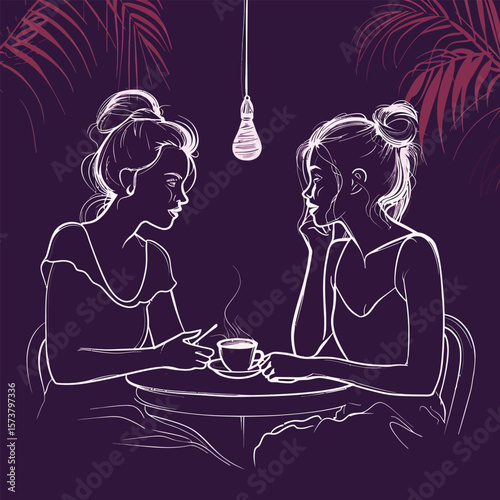 outline vector drawing of two friends discussing