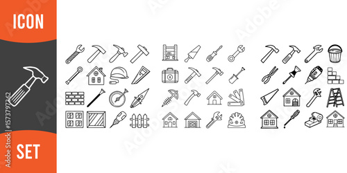 Comprehensive Icon Set of Construction and Home Improvement Featuring Tools Like Hammers, Wrenches, Saws, Drills, and Building Elements Such as Houses, Bricks, and Ladders

