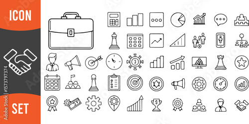 Comprehensive Line Art Icon Set of Business and Finance Elements Including Briefcase, Handshake, Charts, Calculator, Chess Pieces, and Trophy


