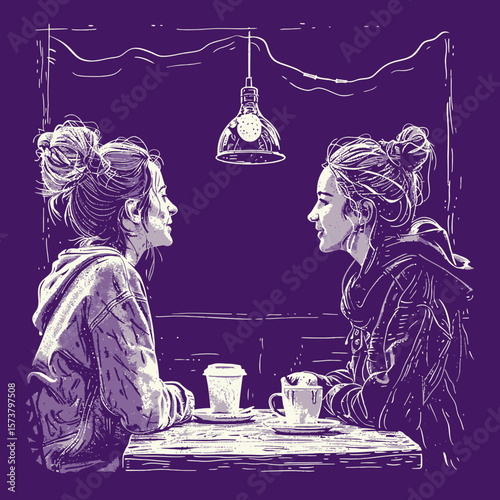 outline vector drawing of two friends discussing