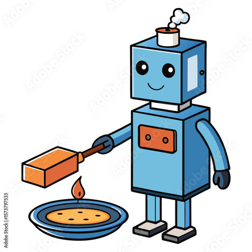 Blue robot with orange torch lighting a candle cartoon robot