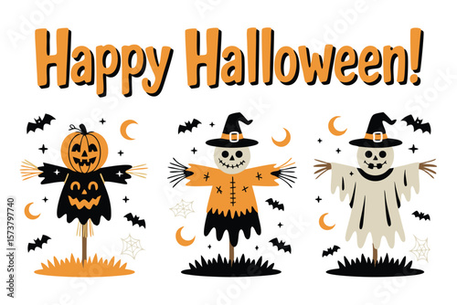 Happy Halloween with Spooky Scarecrows, Bats, and Moons for Festive Design