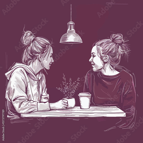 outline vector drawing of two friends discussing