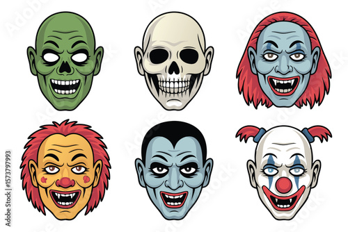 Spooky Cartoon Faces Zombie, Skull, Vampire, and Clowns for Halloween or Horror Designs