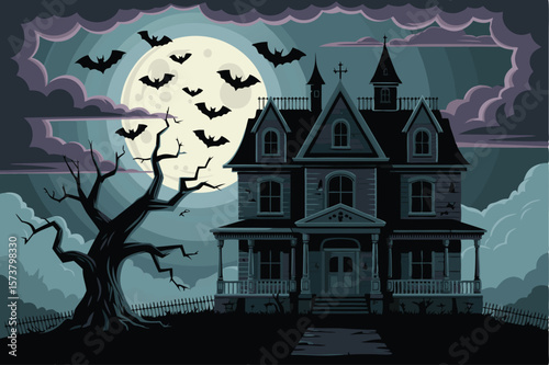 Spooky Haunted House Silhouette with Bats Flying Under Full Moon and Cloudy Sky