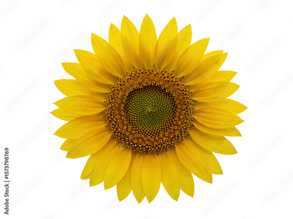 Naklejka premium Bright yellow sunflower head with detailed center and petals isolated on transparent background