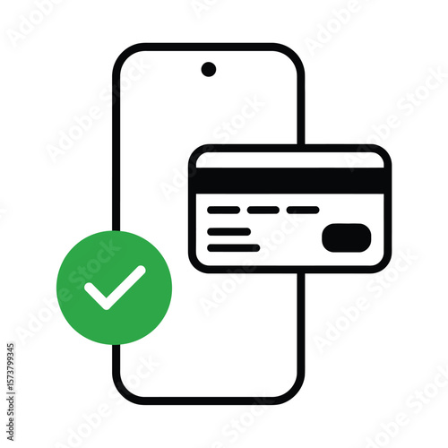 Mobile payment successful with credit card and green checkmark icon