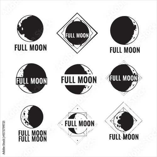 Collection of full moon celestial symbols with geometric embellishments