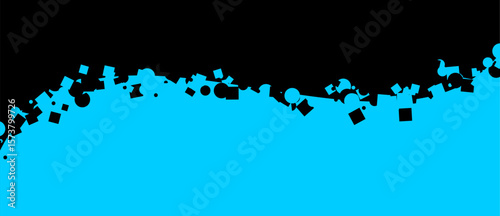 Black/cyan graphic with scattered geometric shapes